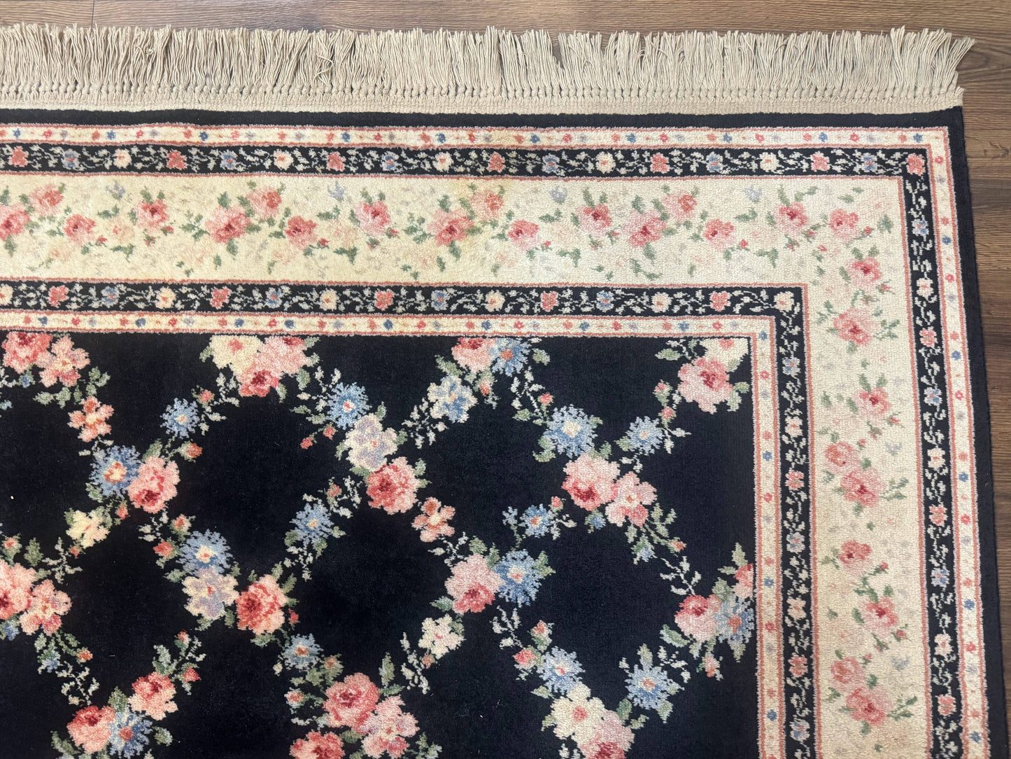 USED 8.8 x 12 Karastan Garden of Eden Rug, Ebony Trellis #509/1270, Black, Floral, Wool Pile, Vintage, Discontinued