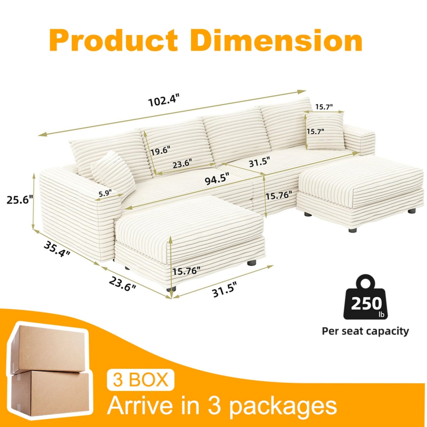 NEW 104.3' Modern 4-Seat  Beige Comfy Upholstered Plush Corduroy Sofa
