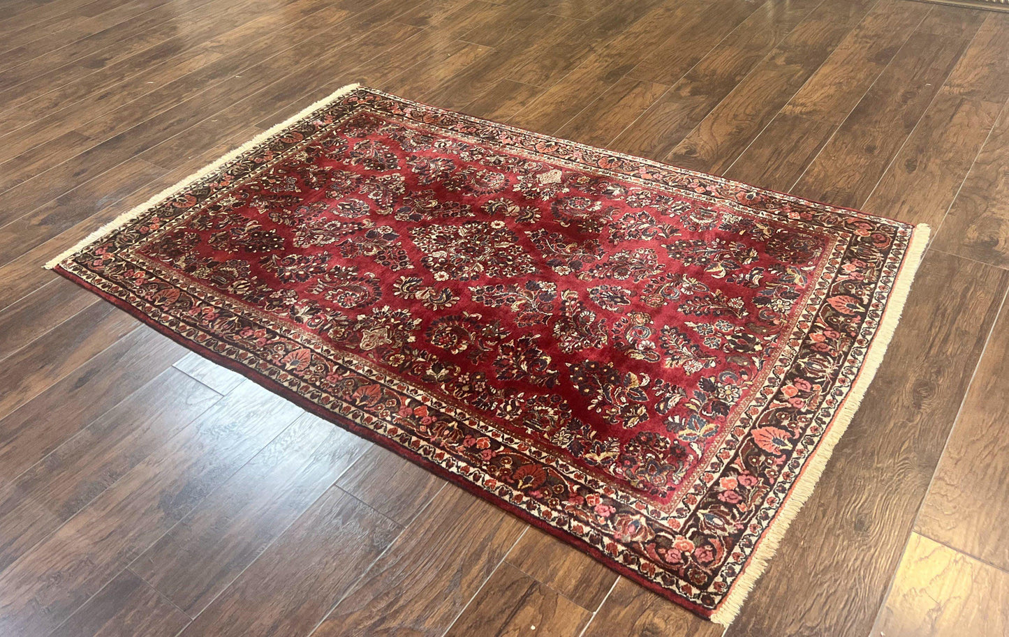 USED Antique Persian Sarouk Rug 4x7, Hand Knotted Wool Red Persian Carpet, Floral