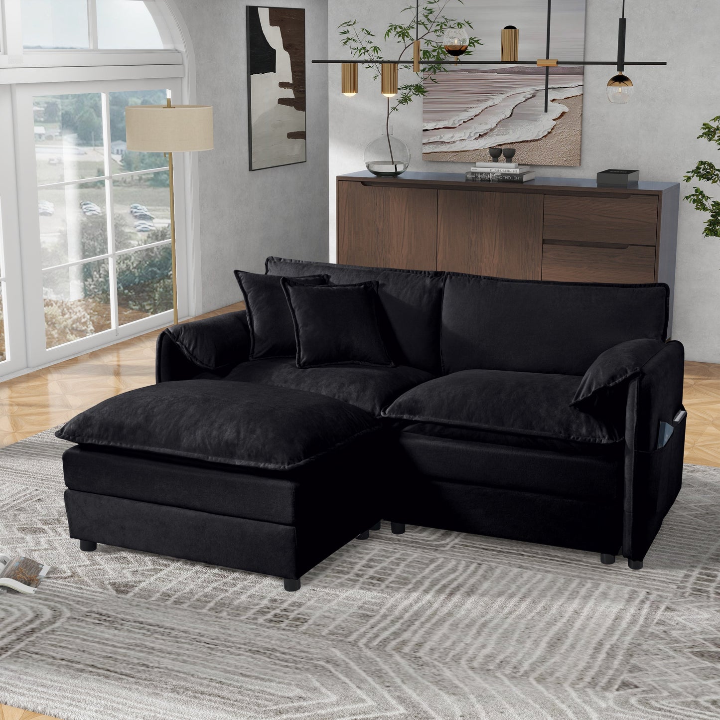 NEW Modern Chenille Deep Seat Sectional Sofa Cloud Couch with Ottoman, Comfy Love Seat Upholstered Modular L Shaped Couch, Black