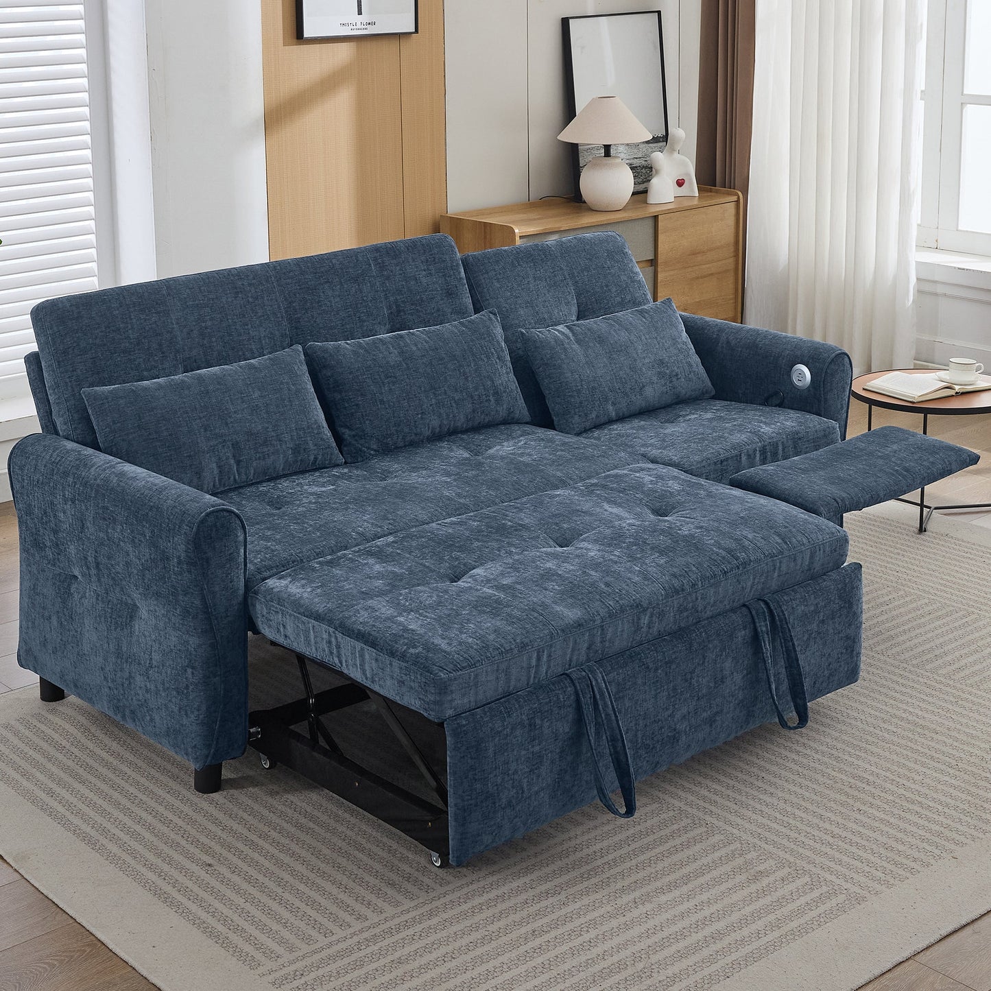 NEW 2-in-1 Sofa 82' Three-seater Sofa with Sofa Bed and Reversible Recliner, Blue Chenille