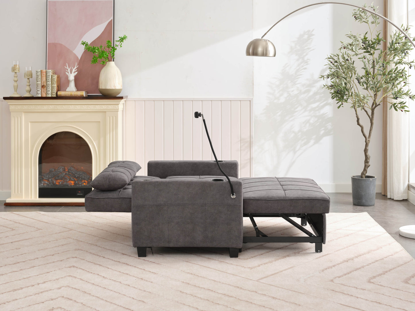 NEW Dark Grey Cloth Fabric 2 Seater Loveseat Recliner Sofa Bed with Adjustable Backrest USB and Cupholders