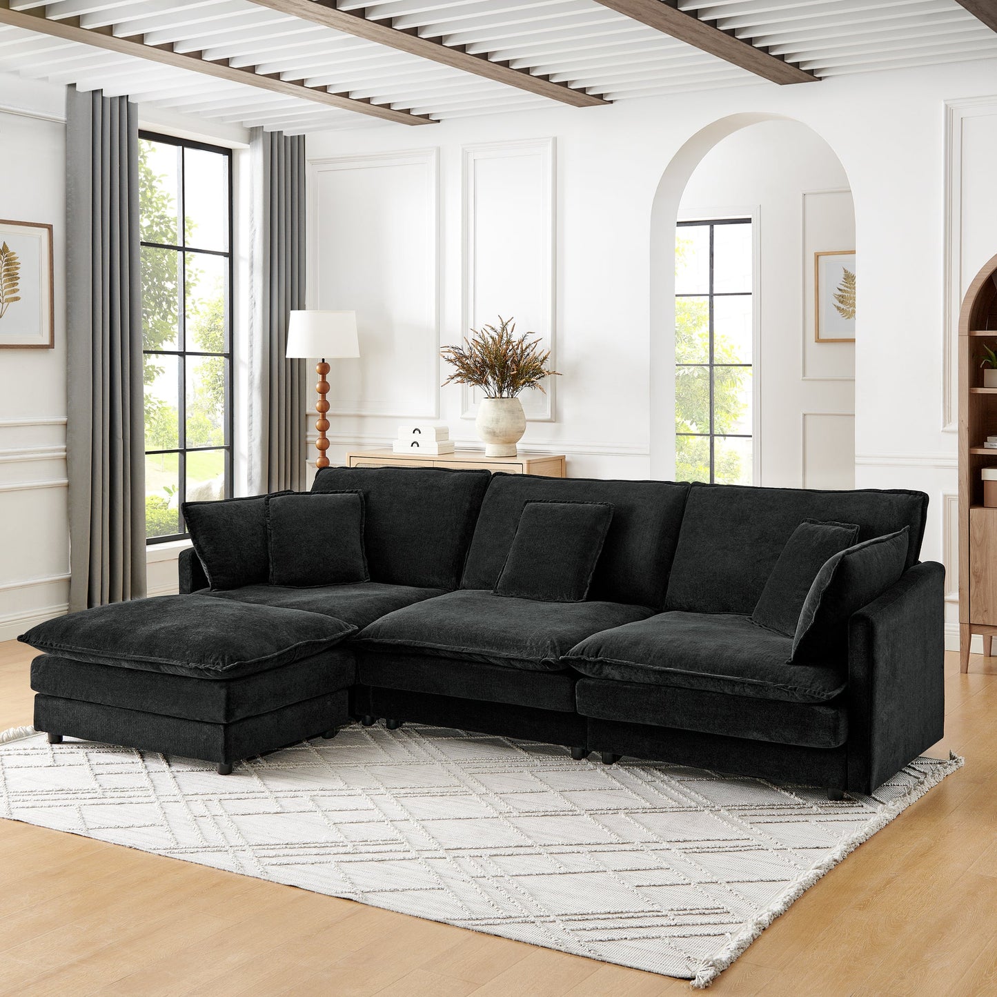 NEW Modern Home Living Room L-Shaped Sectional Sofa Couches with Ottoman, Convertible Oversized 4 Seater Couch Towel Fabric, Black