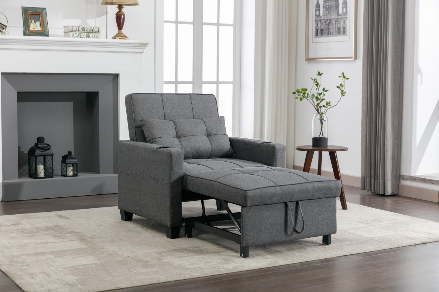 NEW Dark Grey Linen Futon Bed Convertible Chair 3-in-1 Pull Out Sleeper