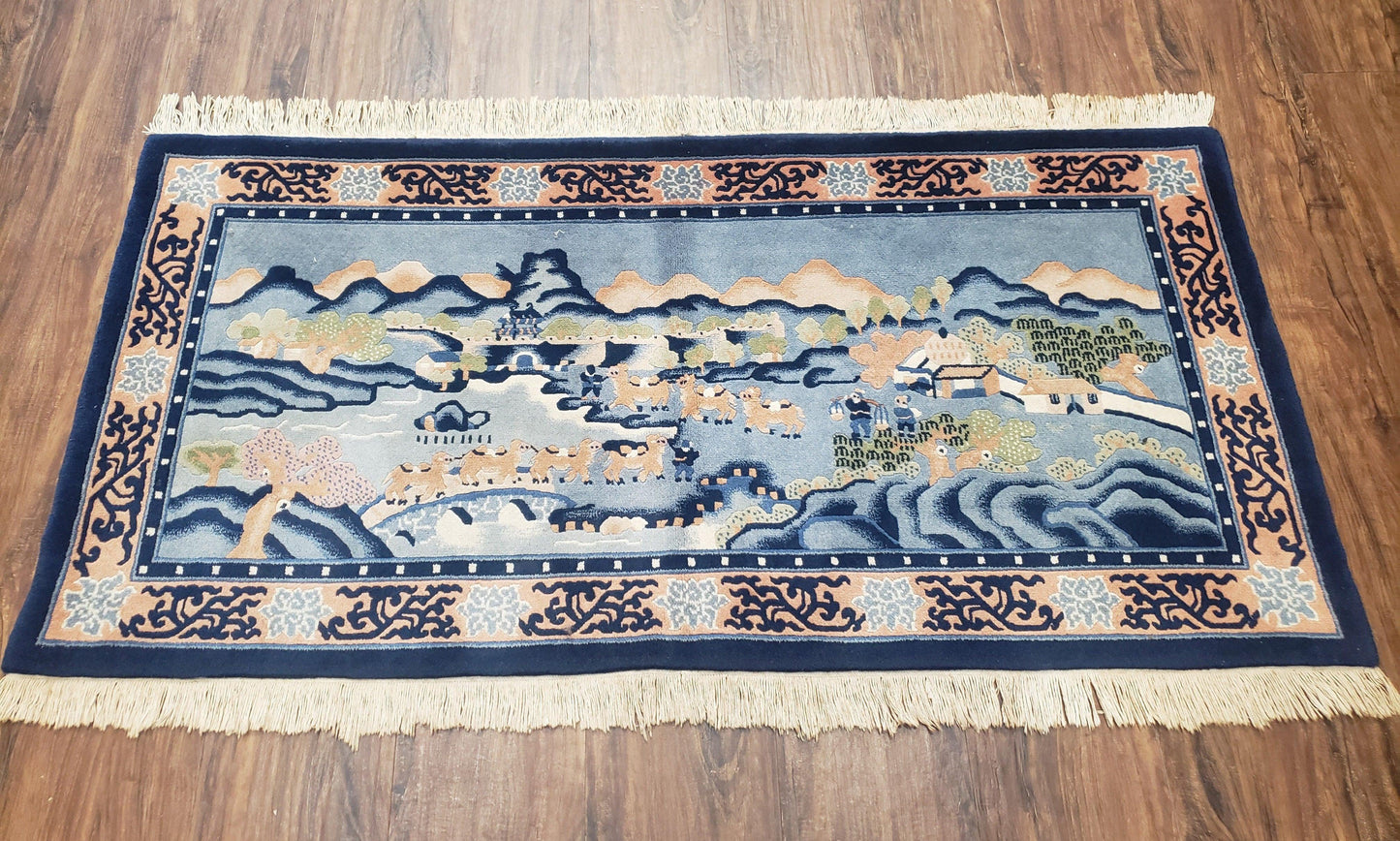 USED Vintage Chinese Pictorial Rug 2'4" x 4' 7", Chinese Village, Wool Hand-Knotted Blue & Teal Fine Carpet, Tapestry Rug, Woven Wall Art