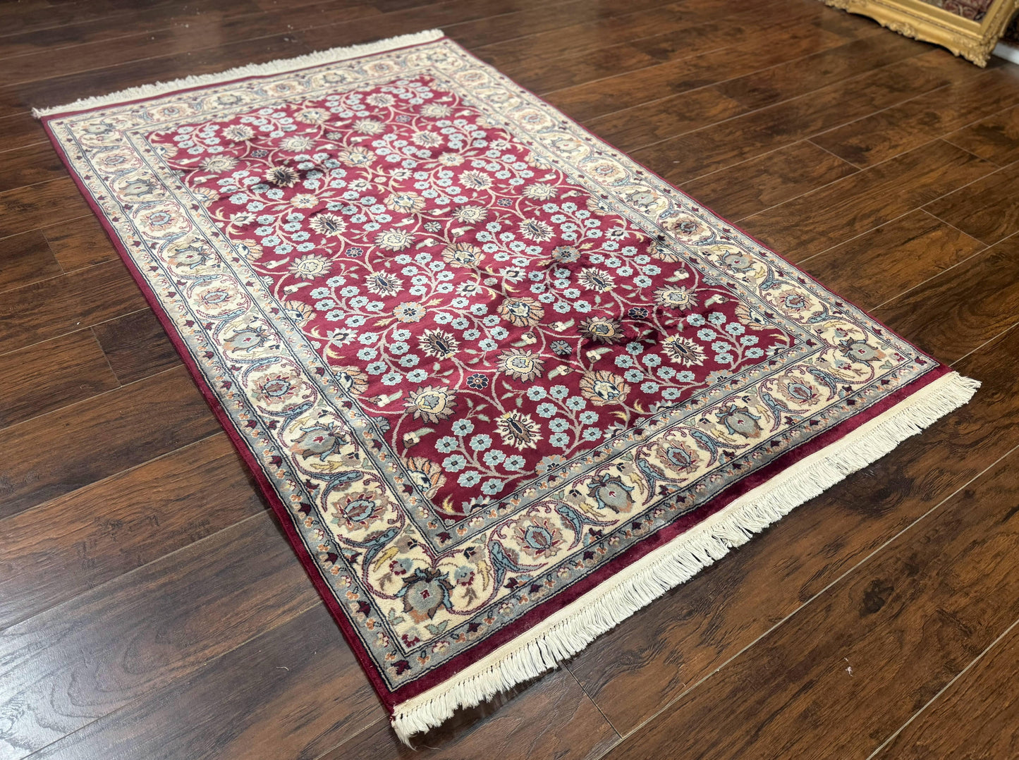 USED Pak Persian Rug 4x6, Floral Allover, Vintage Wool Carpet, Plum and Ivory