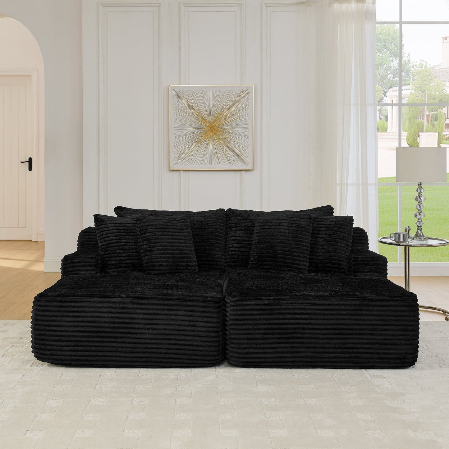 NEW Two-seater lazy sofa lounge chair,Compressed sofa no assembly required, made of velvet fabric, fluffy modern  lounge chair, used for indoor living rooms and bedrooms-Black