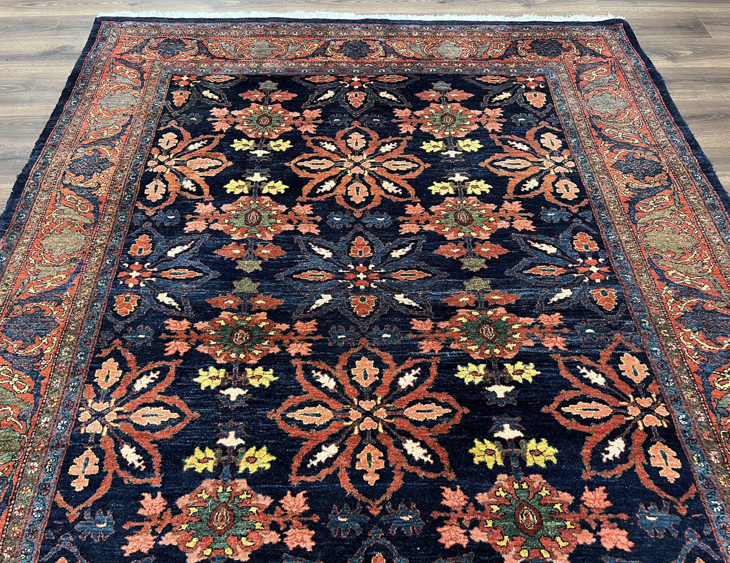 USED Wonderful Persian Rug 7x10, Navy Blue and Red, Allover Floral Pattern, Bidjar Carpet, Authentic Oriental Rug 7 x 10, Wool Hand Knotted Rug