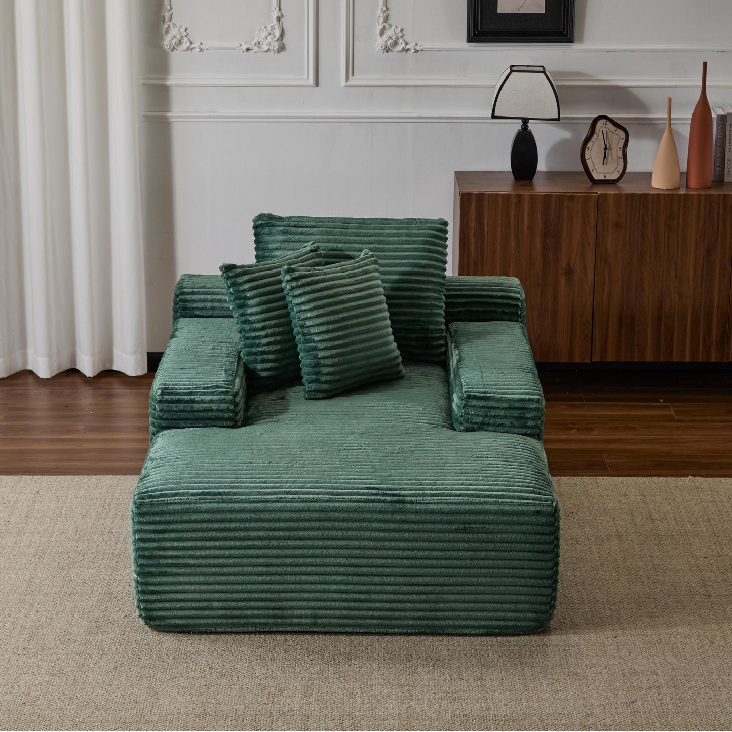 NEW Oversized Chaise Lounge Chair Cozy Cloud Couch Modern Plush Green Corduroy Upholstered Sleeper Sofa Daybed with 3 Throw Pillows and Wide Armrest