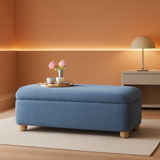 NEW Oversized Large Soft Blue Boucle Fabric Storage Ottoman