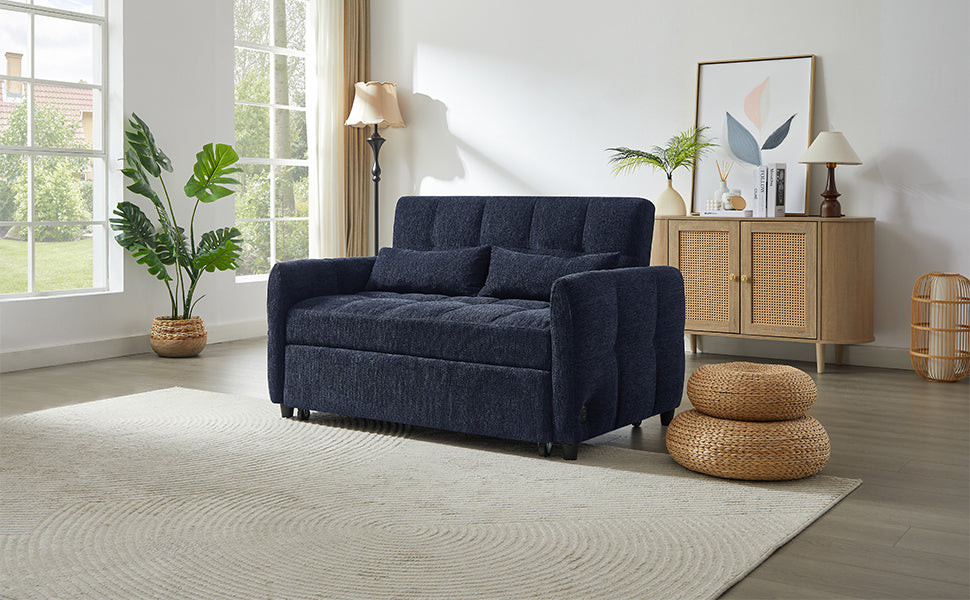 NEW Modern Loveseat Sofa Pull-out Bed with Adjustable Backrest, USB Ports, Lumbar Pillows, Blue Chenille, 52.8'