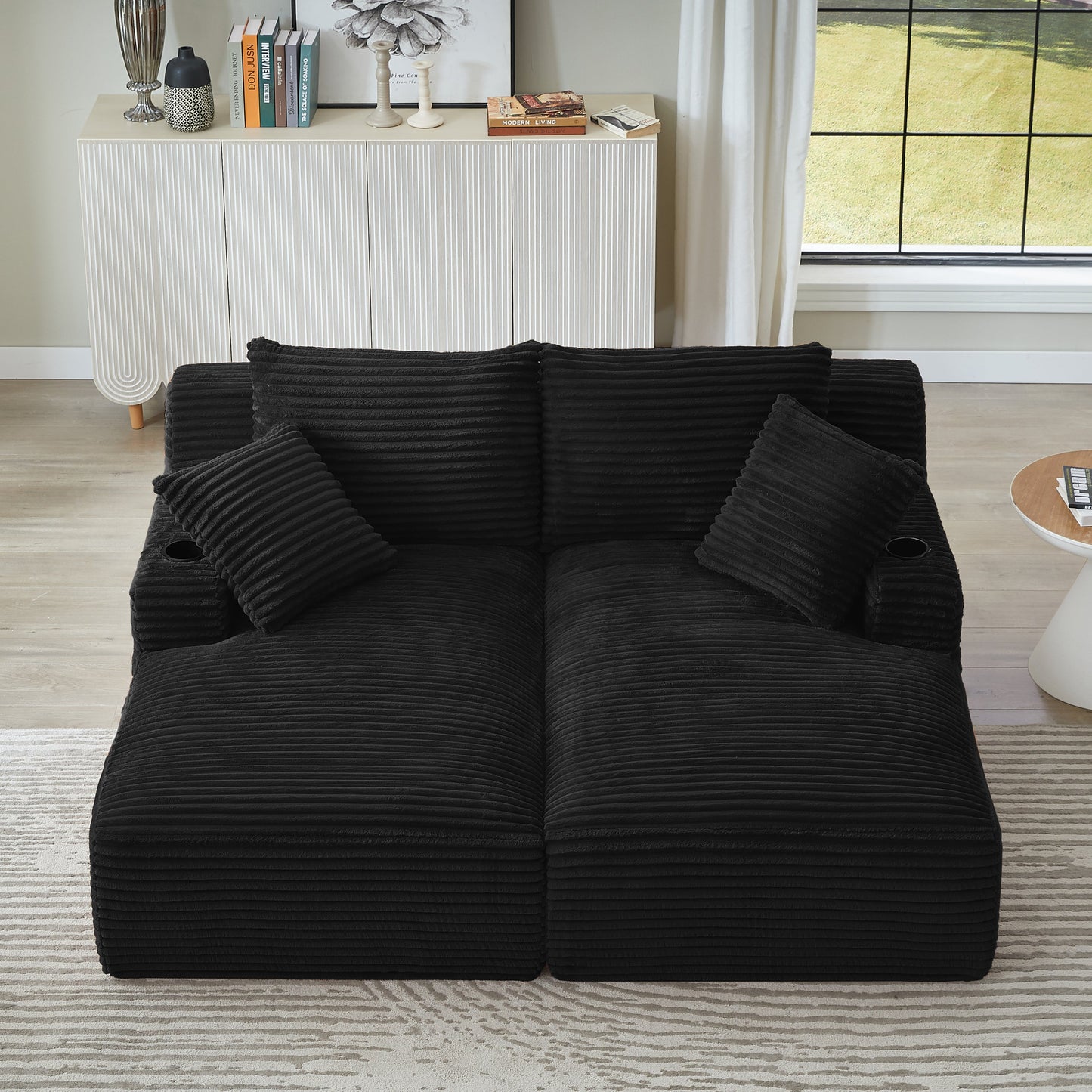 NEW Fluffy Black Corduroy Modern Compressible Double Chaise Lounge Loveseat Sleeper with Cupholders