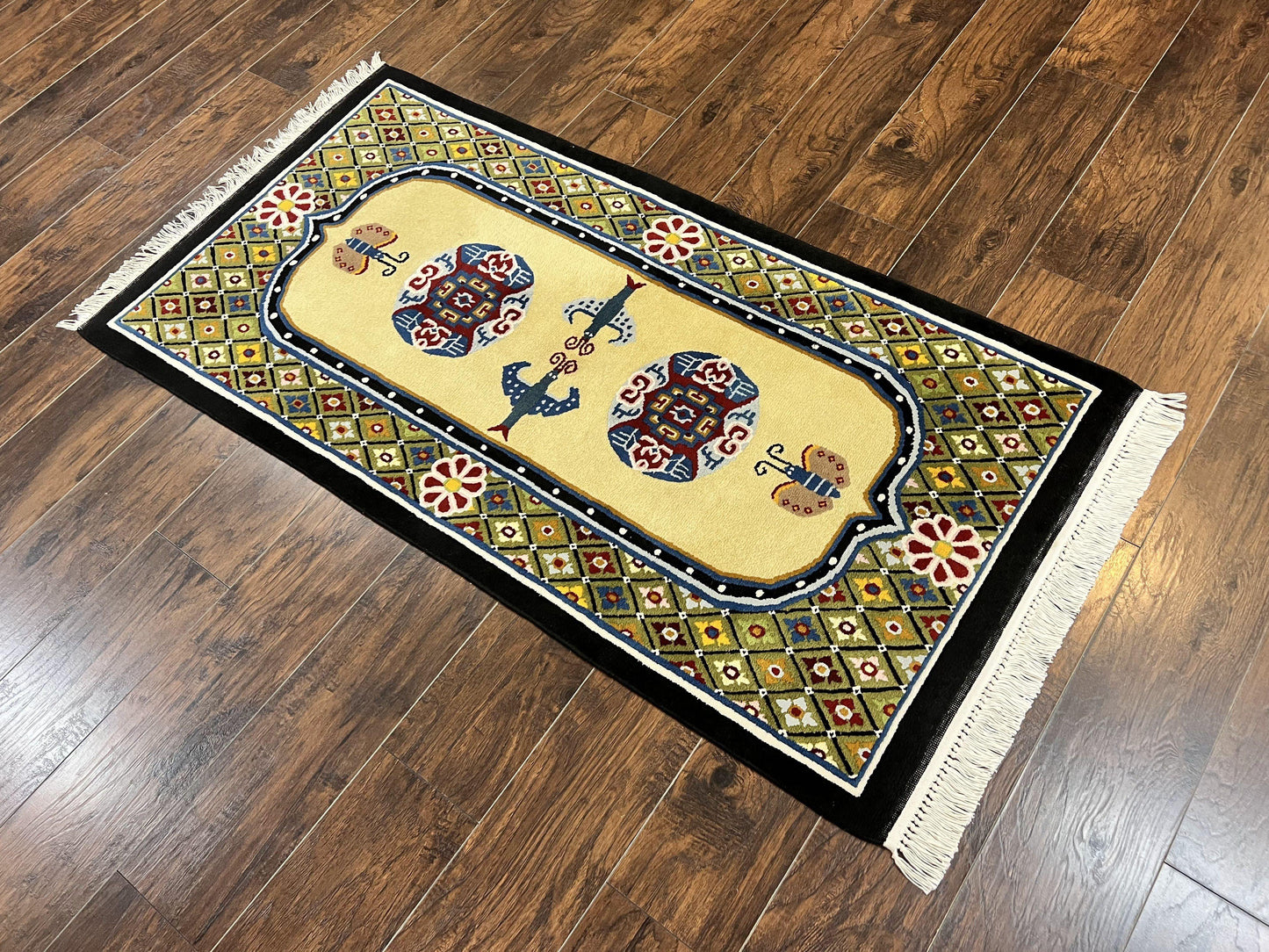 USED Chinese Rug 3x6 ft, Chinese Wool Rug, Tiensin Rug, Handmade Wool 3 x 6 Vintage Peking Rug, Art Deco Rug, Butterflies