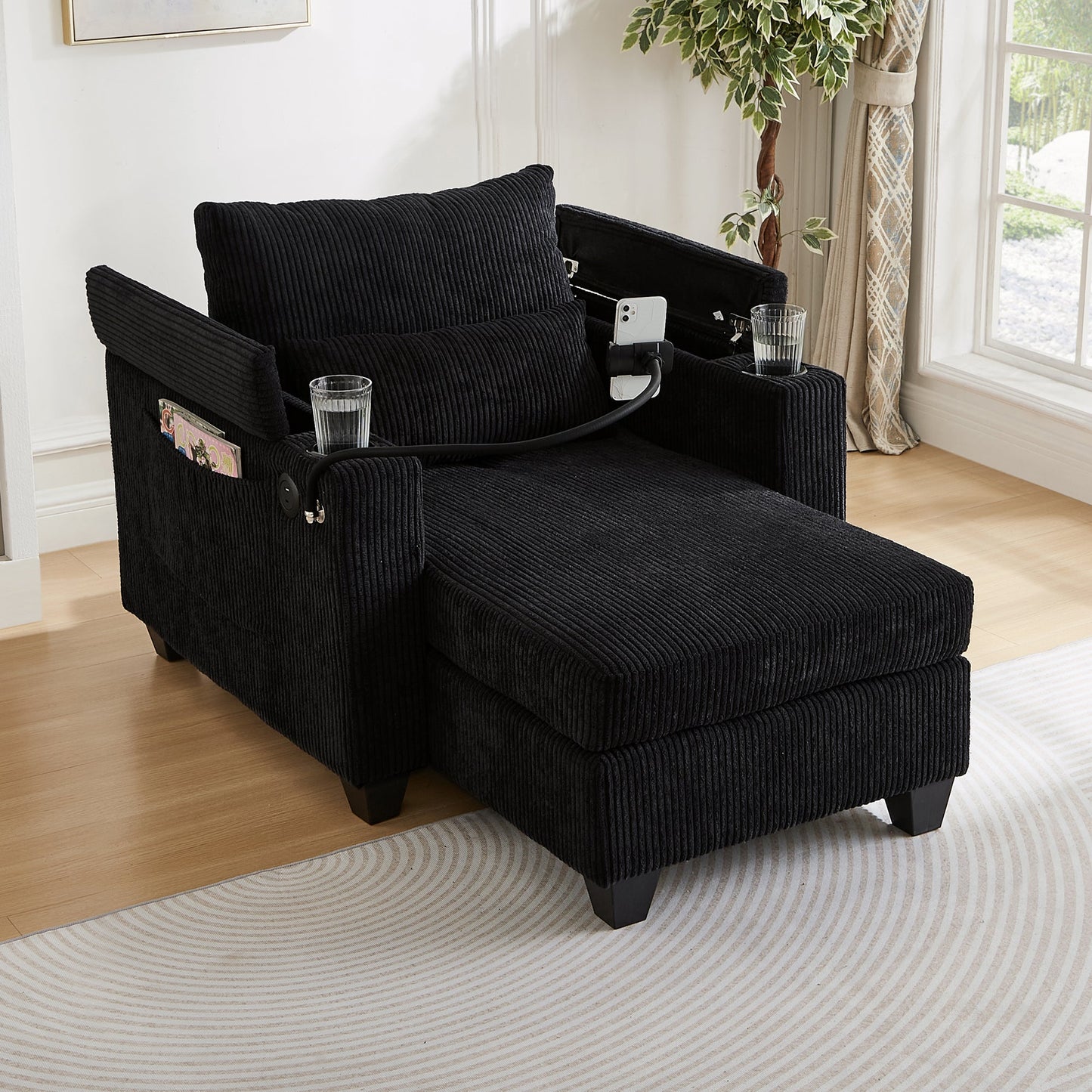 NEW Convertible Chaise Lounge Sofa Chair Bed with USB Ports, Cup Holders & Storage, Black Corduroy, 37.4'
