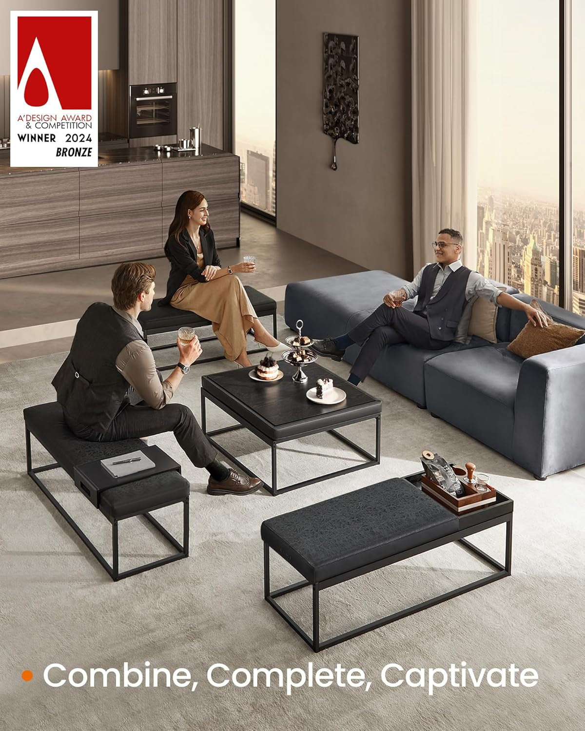 NEW Ink Black Modular Ottoman Coffee Table Reversible Top