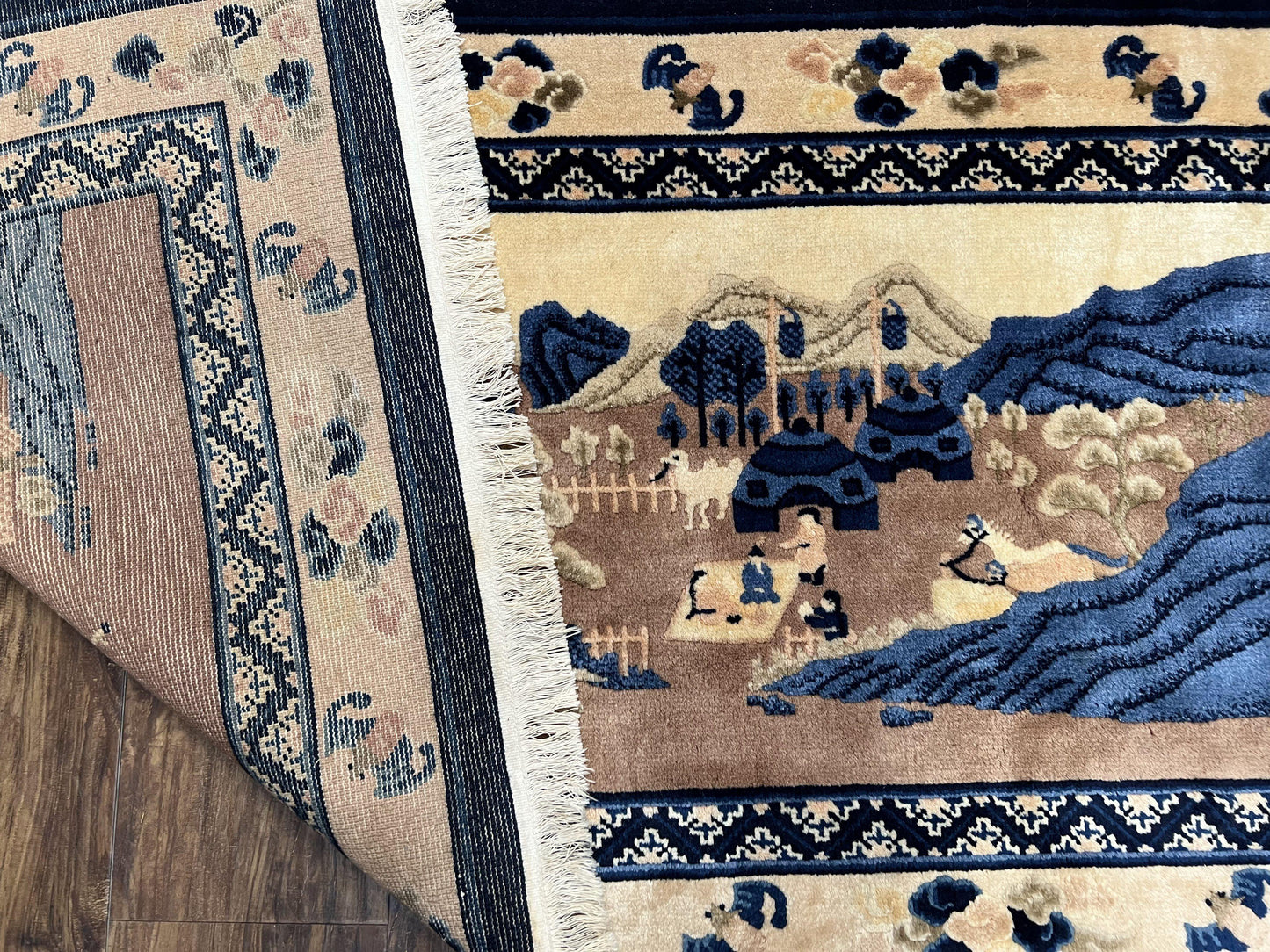 USED Antique Chinese Pictorial Rug 2.7 x 5, Chinese Village and Hills Carpet, Beige and Dark Blue, Handmade, Horizontal Rug Wall Hanging Tapestry