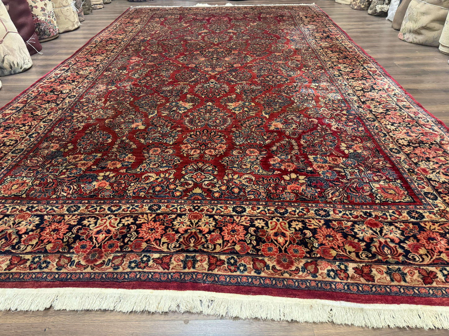 USED Large Persian Sarouk Rug 10x17, Palace Size Antique Persian Carpet, Red, Floral Allover, Traditional Persian Rug, Oversize Handmade Wool Rug