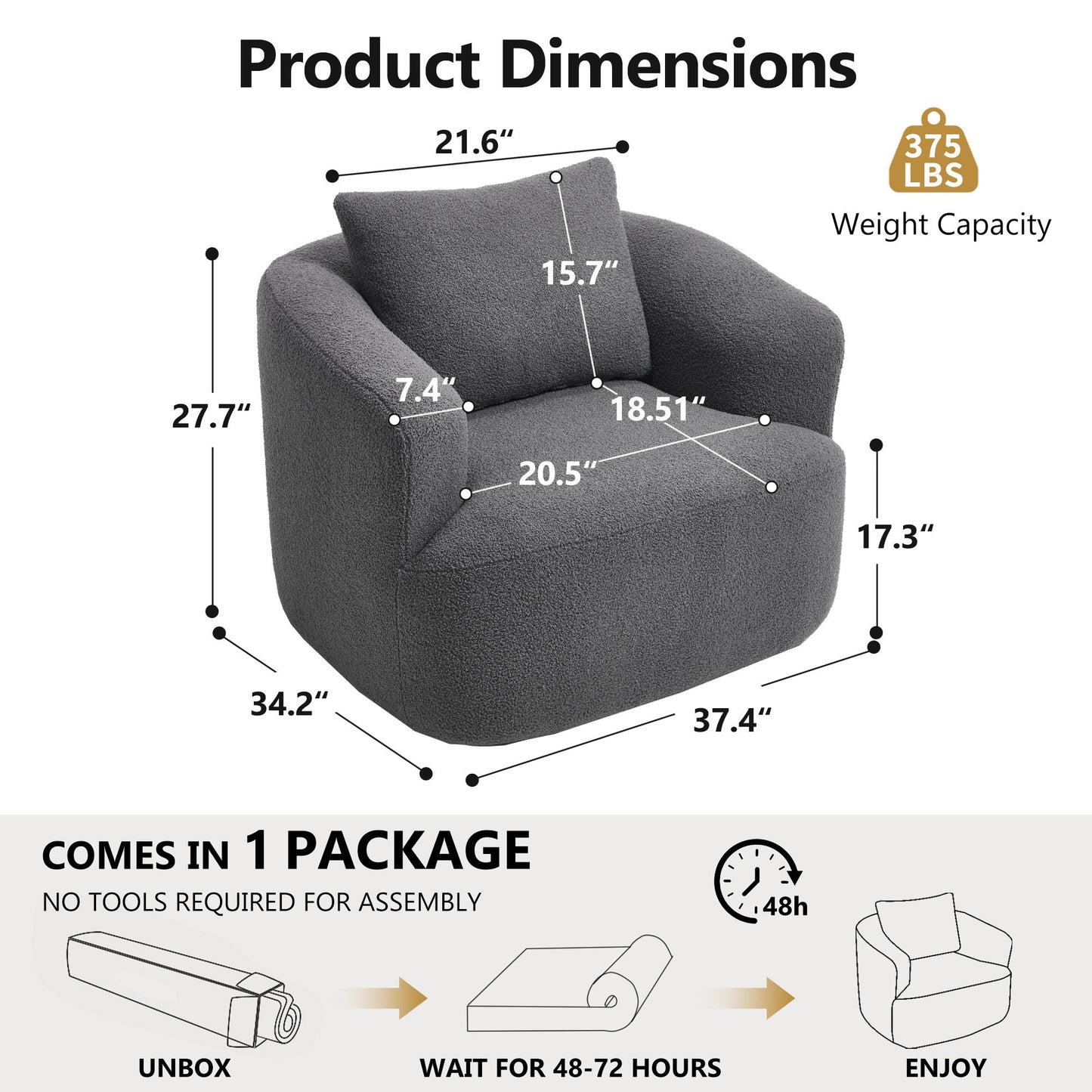 NEW 360° Swivel Round Upholstered Comfy Chair With One Soft Pillow, Teddy Fleece High-Resilience Sponge Single Sofa, No Assembly for Living Room, Bedroom, Apartment, Dark Grey.