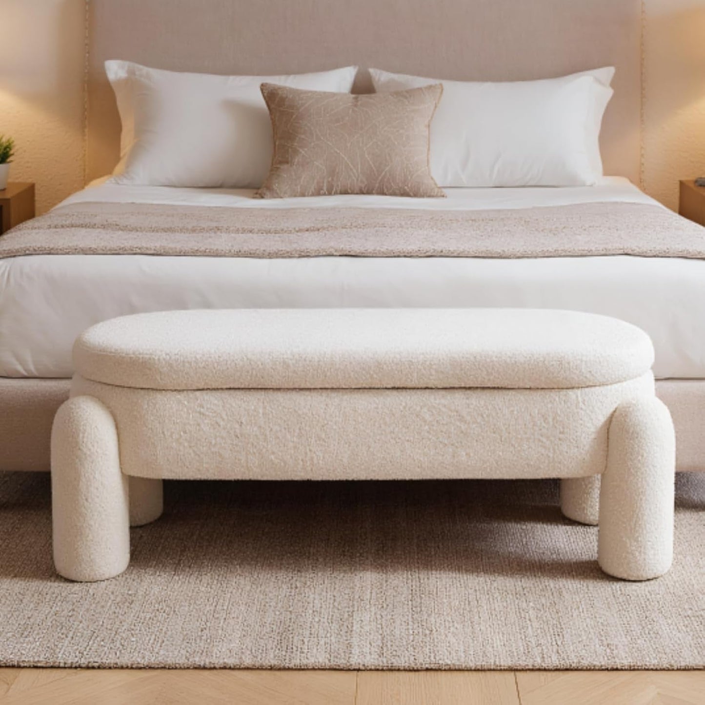 NEW 44.7-Inch White Boucle Upholstered Storage Ottoman Bench