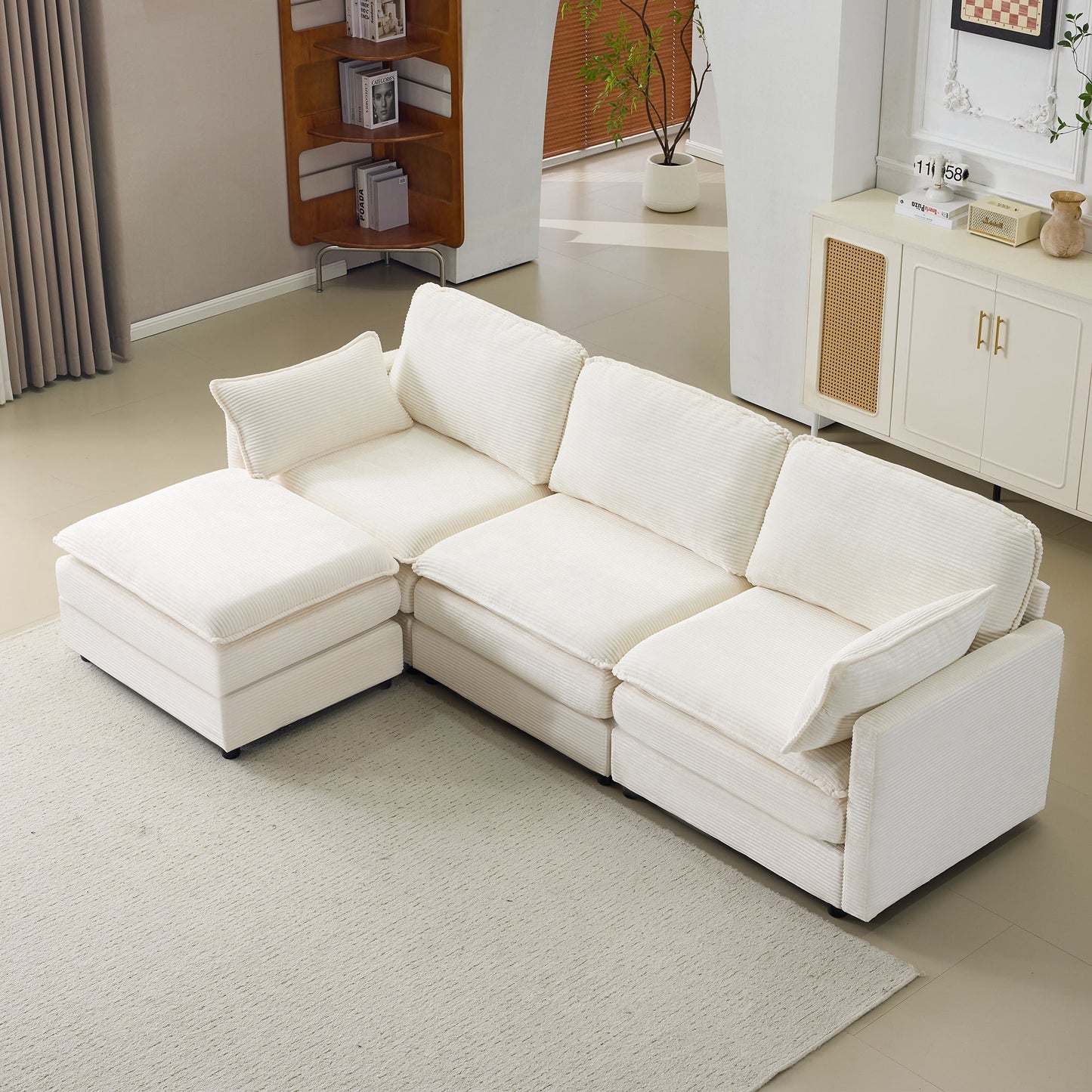 NEW 104' Plush Cloud Beige 3 Seater Modular Sofa + Ottoman with 22' Chenille Cushions and 2 Throw Pillows