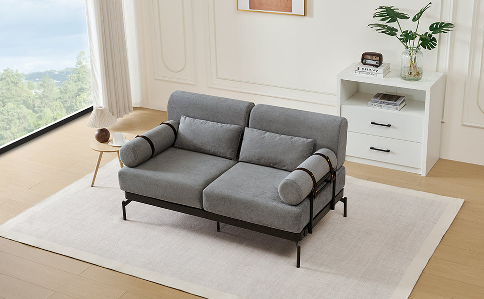 NEW Modern Grey Chenille 2 Seater Loveseat 59' Sofa Couch with USB Ports Unique Cylindrical Armrests
