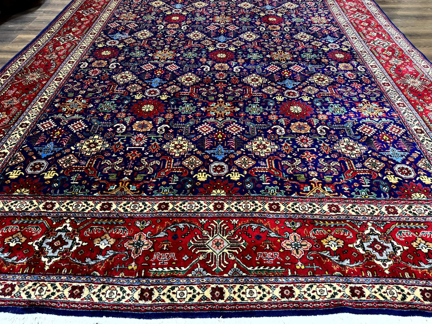 USED Large Persian Tabriz Rug 10x16, Navy Blue and Red, Allover Pattern, Vintage Hand Knotted Wool Carpet