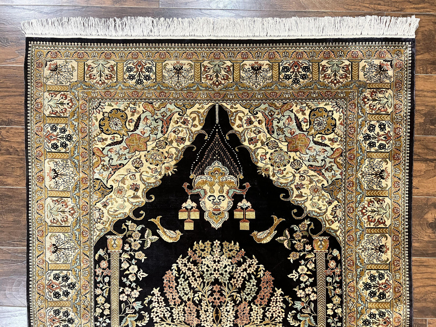 USED Wonderful Sino Persian Silk Rug 4x6, Tree of LIfe Design, Masterpiece 575 KPSI, Birds, Prayer Rug, Black, Silk on Silk