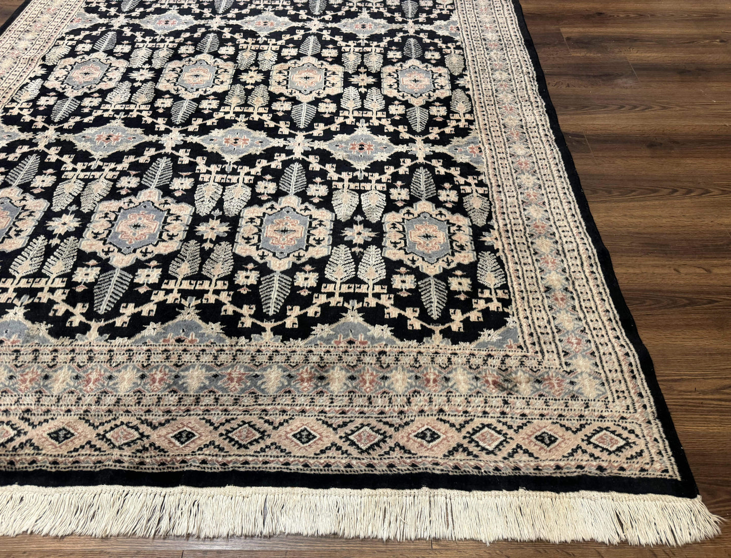 USED Turkoman Bokhara Rug 6x9, Pakistani Carpet, Black, Hand Knotted