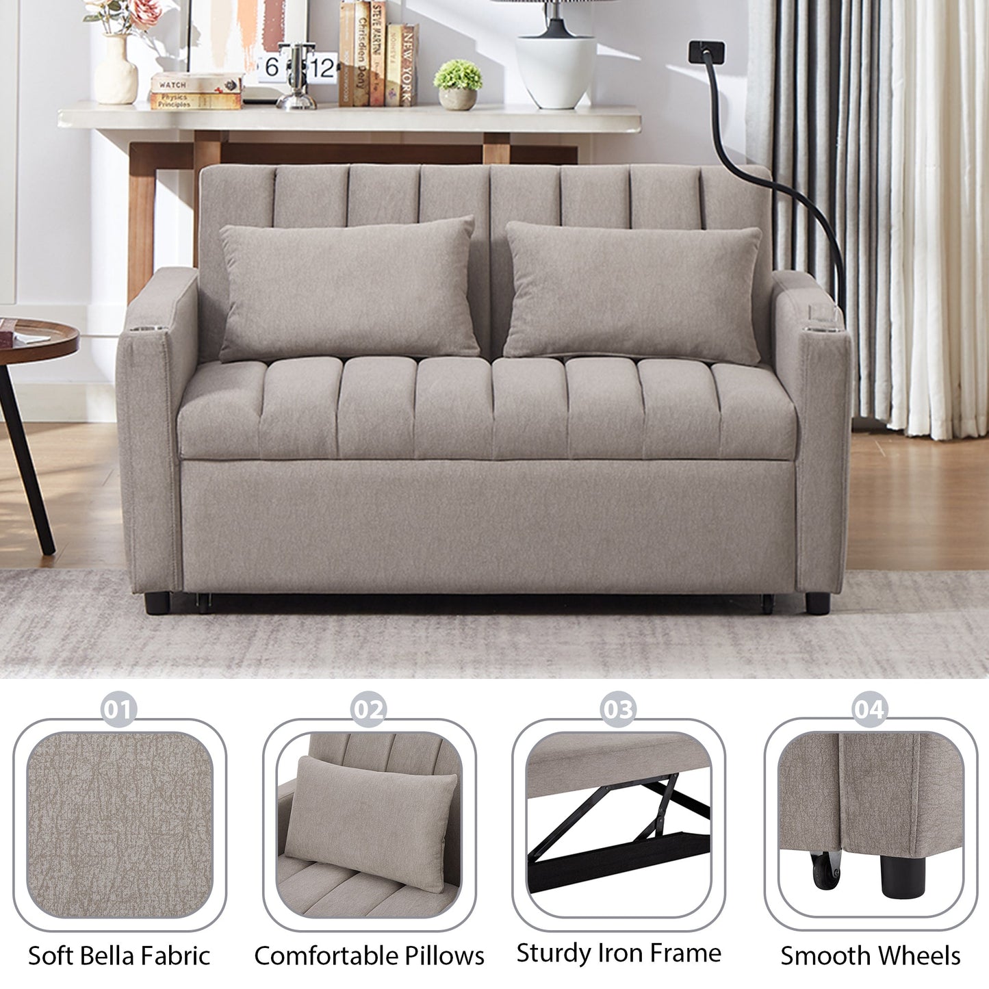 NEW Convertible Sofa Bed Loveseat with USB Ports, Side Pockets, Cup Holders & Swivel Phone Holder, Light Grey Bella Fabric