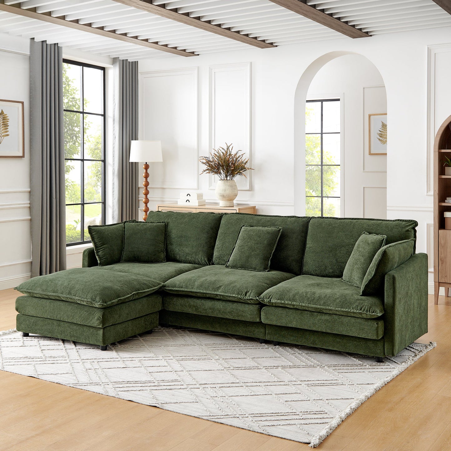 NEW Modern Home Living Room L-Shaped Sectional Sofa Couches with Ottoman, Convertible Oversized 4 Seater Couch Towel Fabric, Green