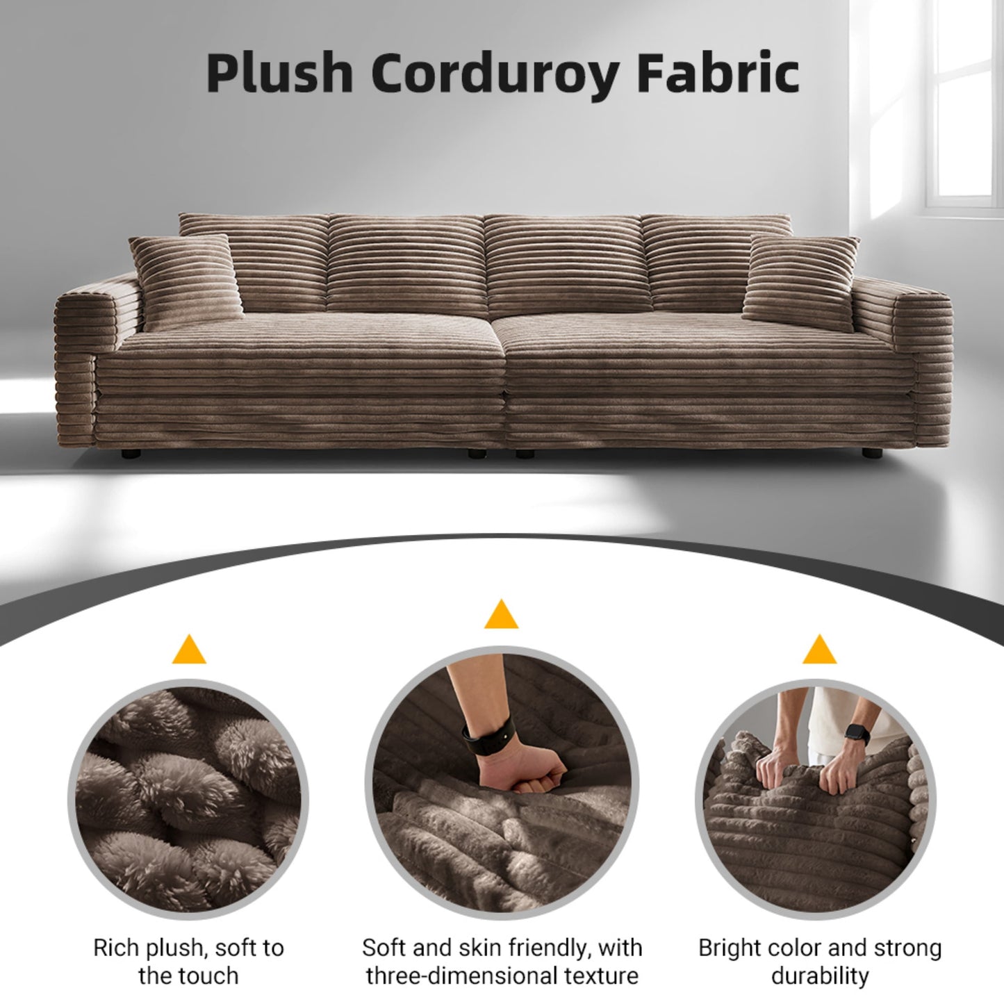 NEW 82.7' Modern Camel Plush Corduroy Comfy Upholstered 3-Seat Sofa Comfy Upholstered Cloud Deep Seat Couch with Soft Pillows and Ottoman