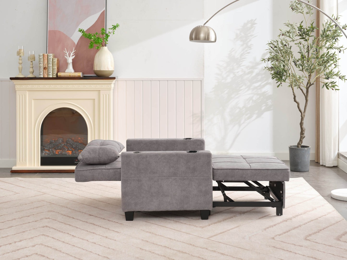 NEW Futon Chair Bed Convertible Chair 3-in-1 Pull Out Sleeper Chair Beds with USB Ports,Wear-resistant and Anti-scratch,  Armchair Bed Sleeper for Living Room (Light Grey Scratch Cloth)