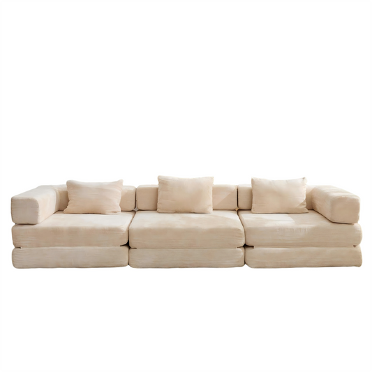 NEW Beige Chenille Fabric Boneless Modular Sectional Sofa Compression Convertible Floor Couch Bed with Fixed-Shape Frame