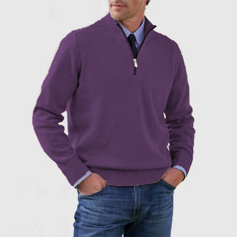 New Men's Stand Collar Zipper Sweater Winter Fashion Solid Color Long Sleeve Knitted Top Clothing