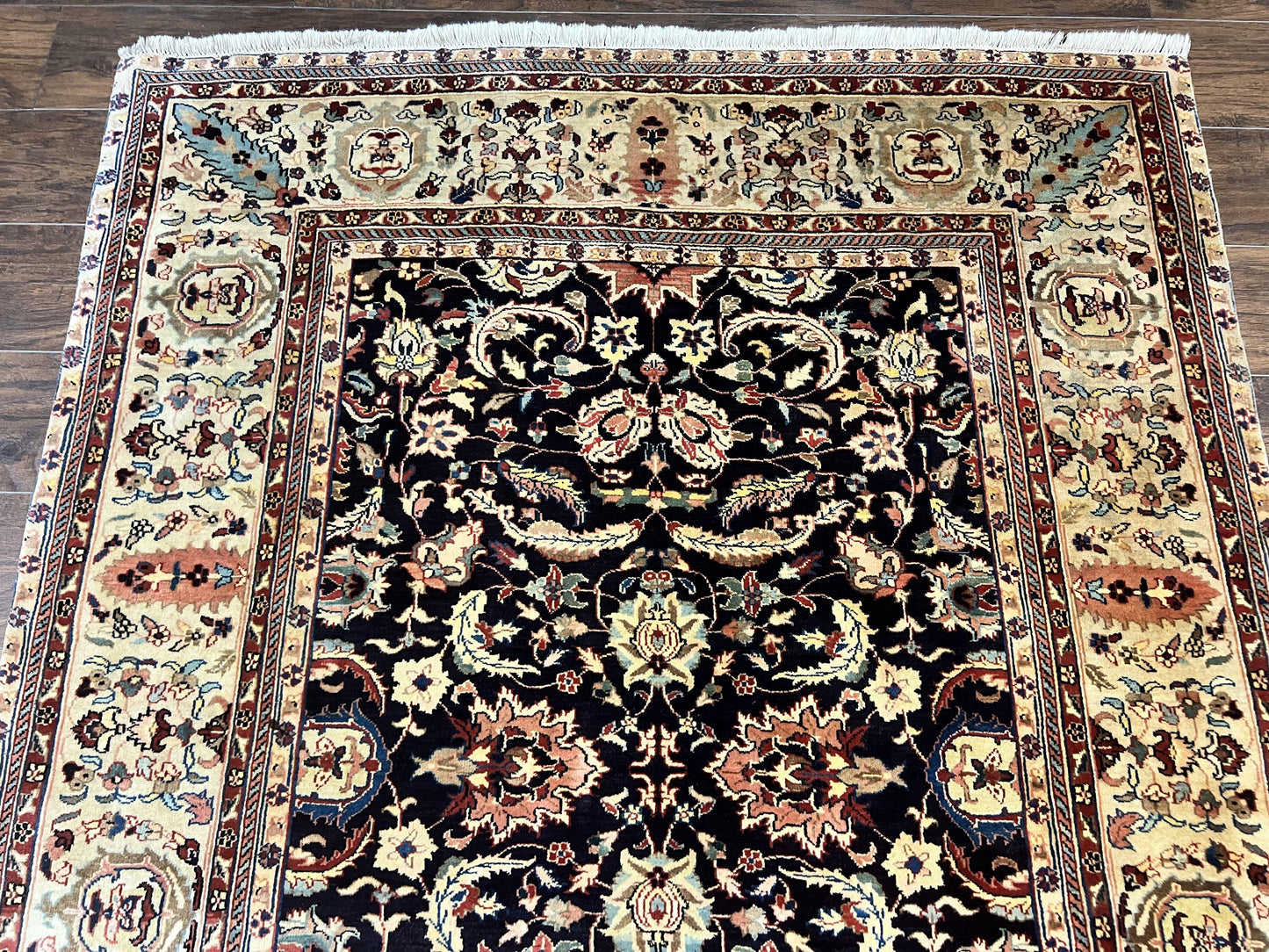 USED Indo Persian Rug 5x15, Wide Runner Rug 5 x 15 ft, Wool Hand Knotted Vintage Carpet, Black & Cream, Floral Allover Long Oriental Rug