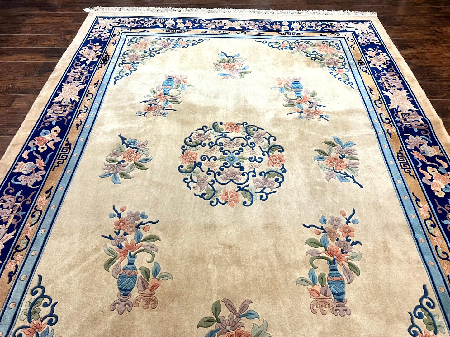 USED Chinese Wool Rug 8x11, Peking Asian Oriental Carpet, Cream/Ivory and Blue, Vintage Handmade Rug, Art Deco Rug