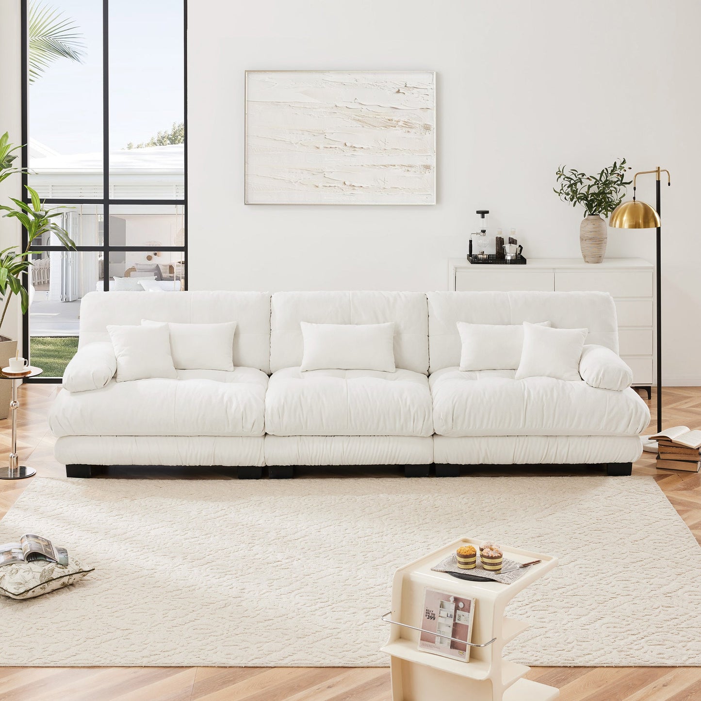 NEW Chenille Soft Comfy White Upholstered 3-Seater Sectional Sofa Modular Deep Seat Sofa Couch