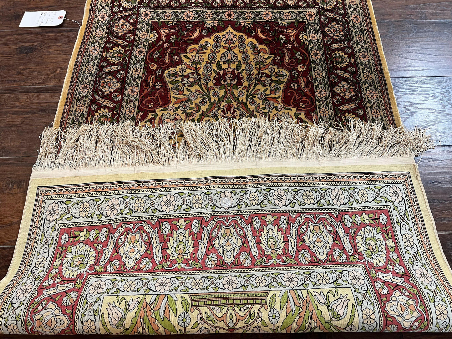USED Wonderful Silk Turkish Hereke Prayer Rug 2.8 x 4.5, Tree of Life Design, Signature from Master Weaver, Gold and Burgundy, Handmade, 625 KPSI