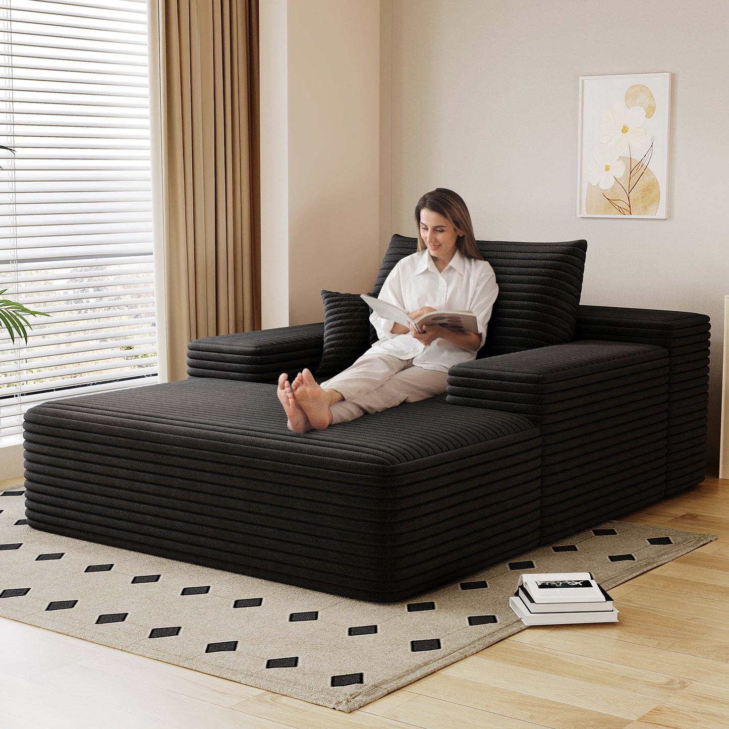 NEW Modern Black Plush Corduroy Fabric Sofa Bed Lounger