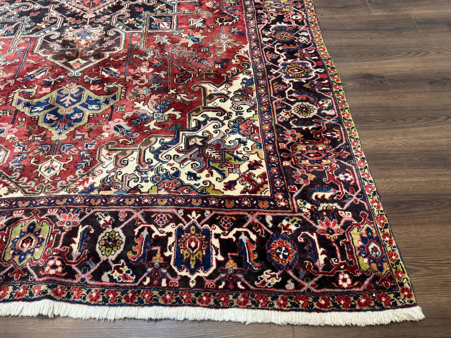 USED Antique Persian Heriz Rug 8x11, Geometric Tribal Wool Carpet, Brick Red