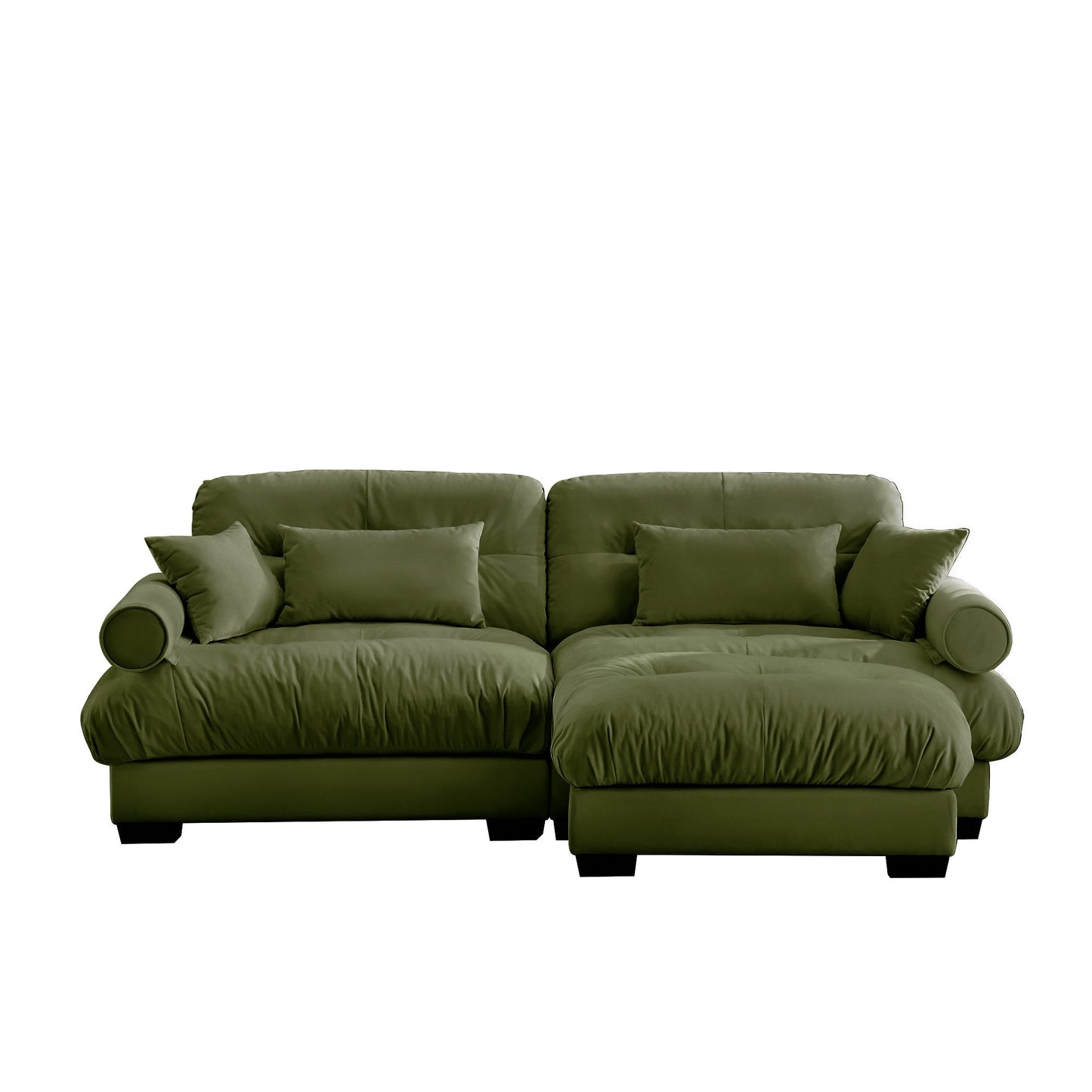 NEW Modern Oversized Velvet Two-Seater Sofa with Ottoman and Round Bolster Armrests in Olive Green