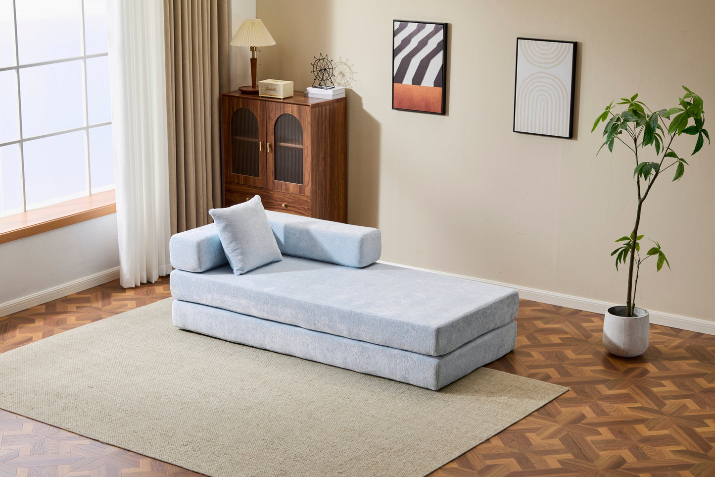NEW Light Blue Chenille Fabric Floor Couch Compression Convertible Sofa Bed with Pillow Back Support Armrest Comfy Futon Couch Lounge Sleeper Bed
