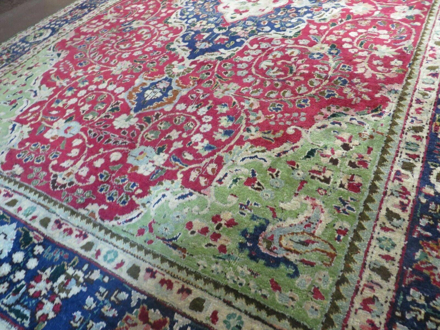 USED Persian Tabriz Rug 7x10, Red Blue and Green Rug, Allover Floral Medallion Rug, Hand Knotted Rug, Antique Rug 7 x 10 Vintage Wool Oriental Carpet