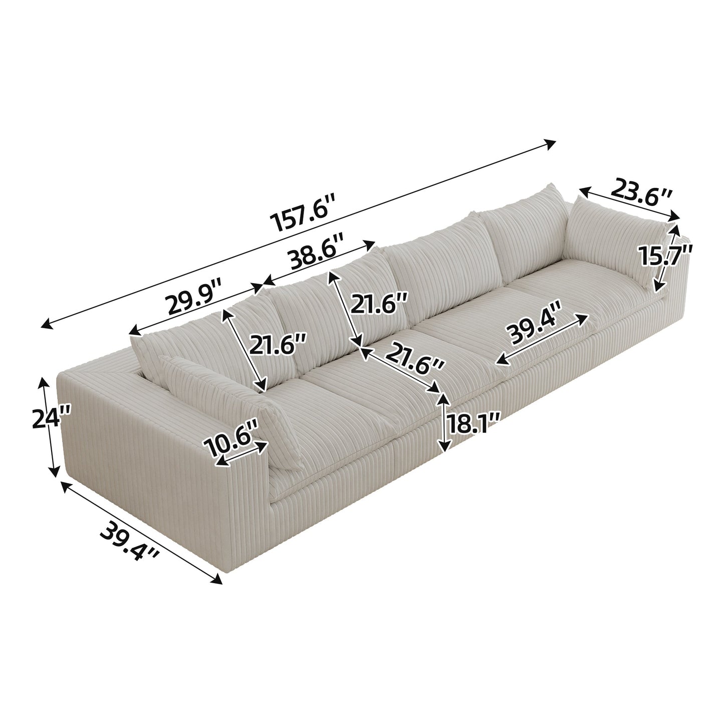 NEW 157.6'Cloud Sofa,Corduroy Fabric,Deep Seat Couches,Double-layer design,Removable  Cushion,No Assembly,DIY Combination for Living room, Bedroom,Conference room ,Apartment,White