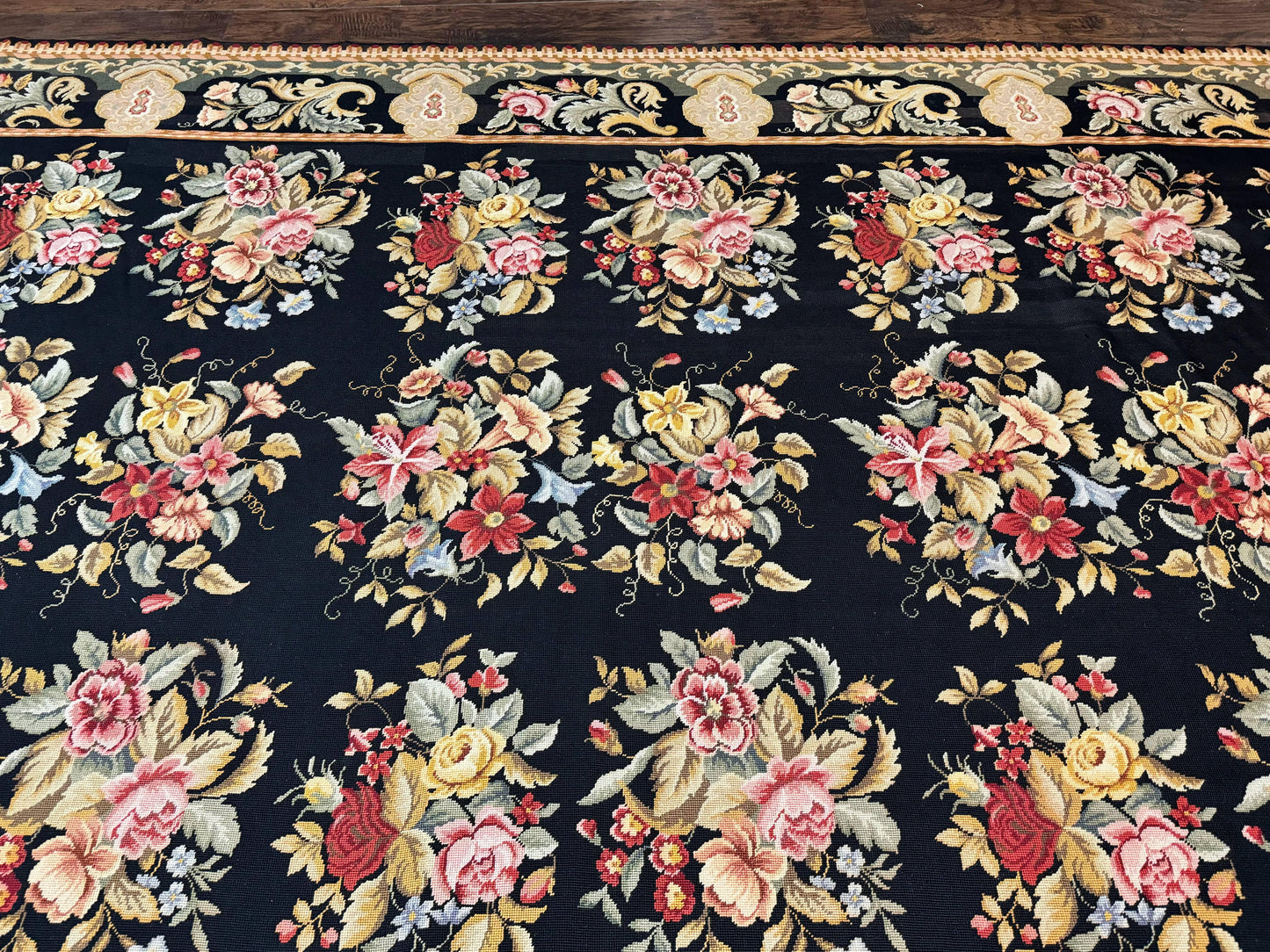 USED Palace Size Needlepoint Rug 12x16, Black and Colorful, Floral Panel, Handmade Oversized Wool Needlepoint Carpet, Rare