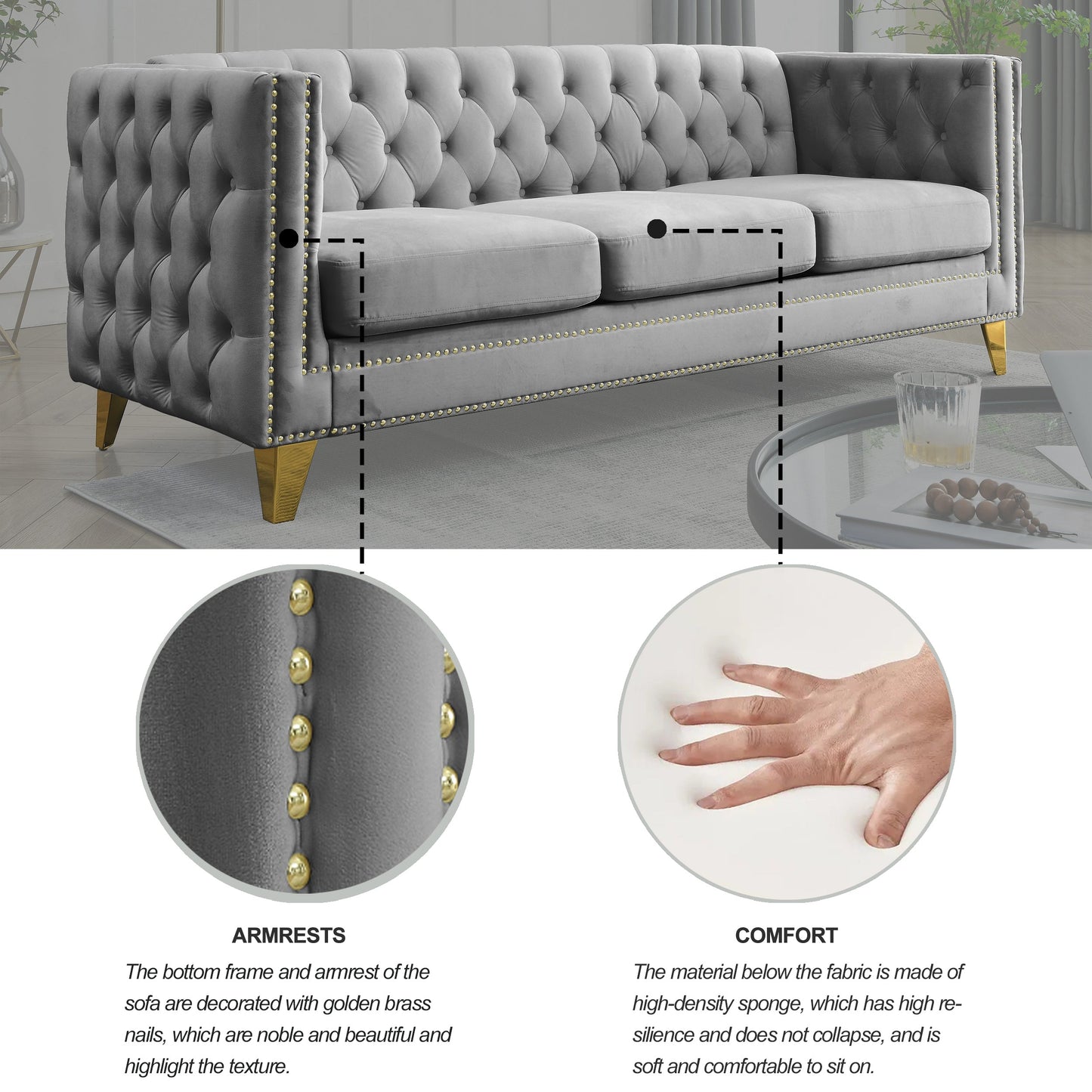 NEW Velvet Sofa for Living Room, Buttons Tufted Square Arm Couch, Modern Couch Upholstered Button and Metal Legs, Sofa Couch for Bedroom, Grey Velvet .2PCS
