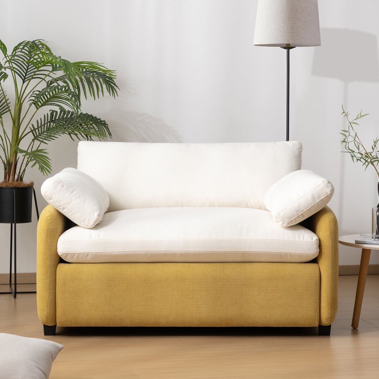 NEW Modern Oversized Chenille Armchair with Color Blocking and Pillows, 50*43' in Cream and Yellow