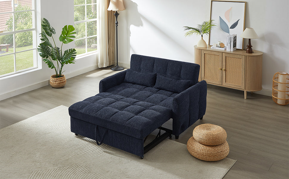 NEW Modern Loveseat Sofa Pull-out Bed with Adjustable Backrest, USB Ports, Lumbar Pillows, Blue Chenille, 52.8'