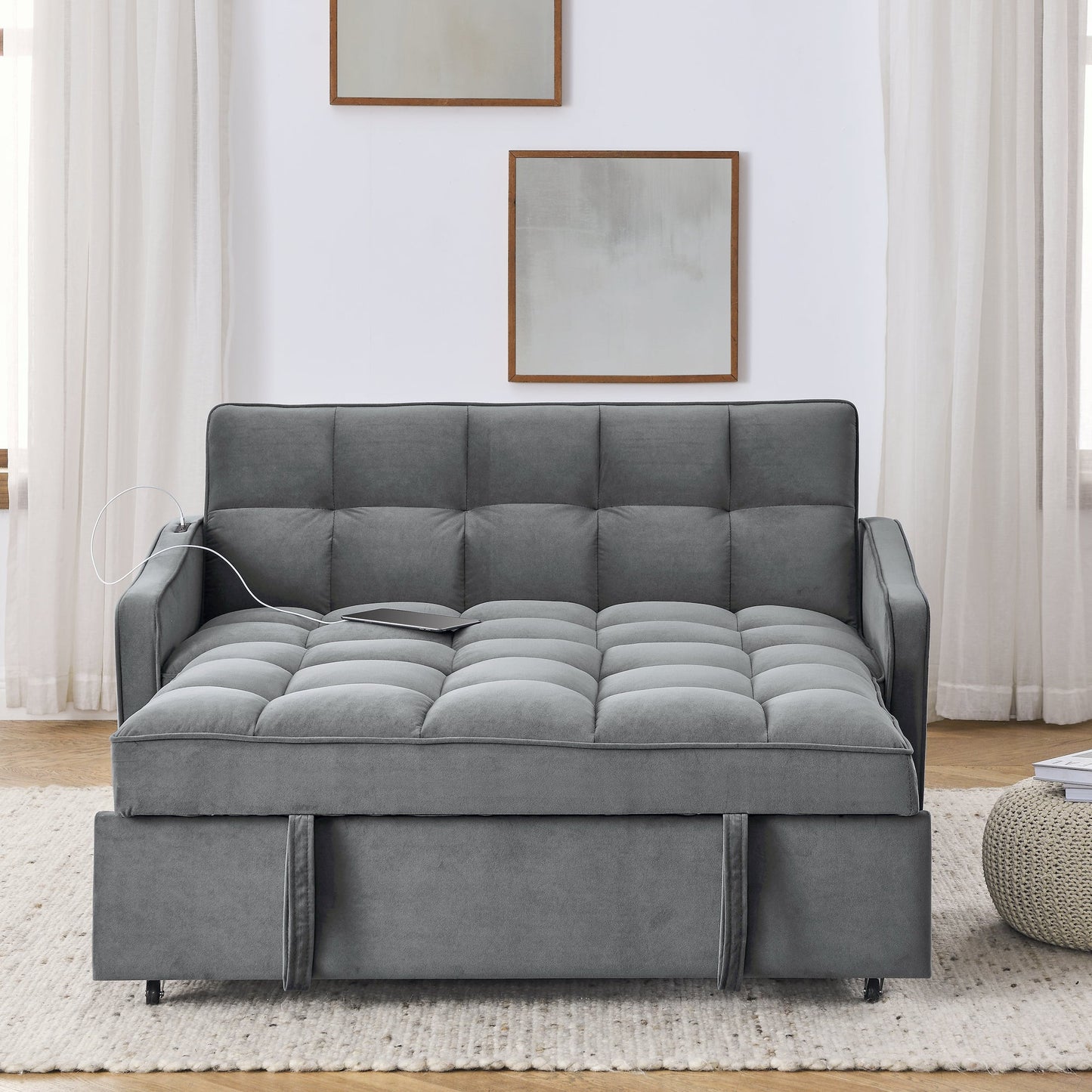 NEW Grey Copper Nail Loveseat Sofa Bed with Pull-out Bed Adjustable Back and Two Arm Pocket TypeC USB Charging