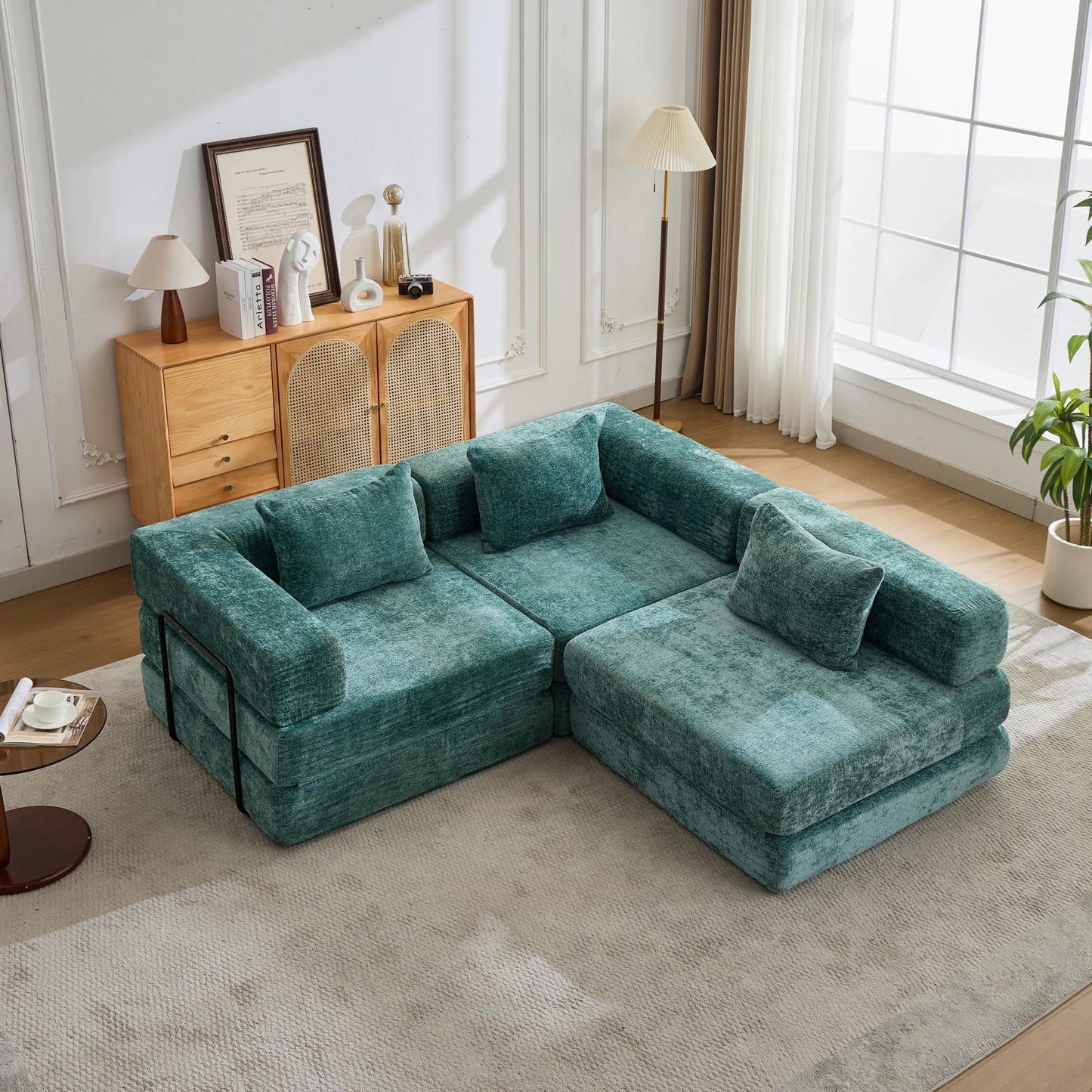 NEW Dark Green Chenille Fabric Compression Convertible Floor Sofa Bed